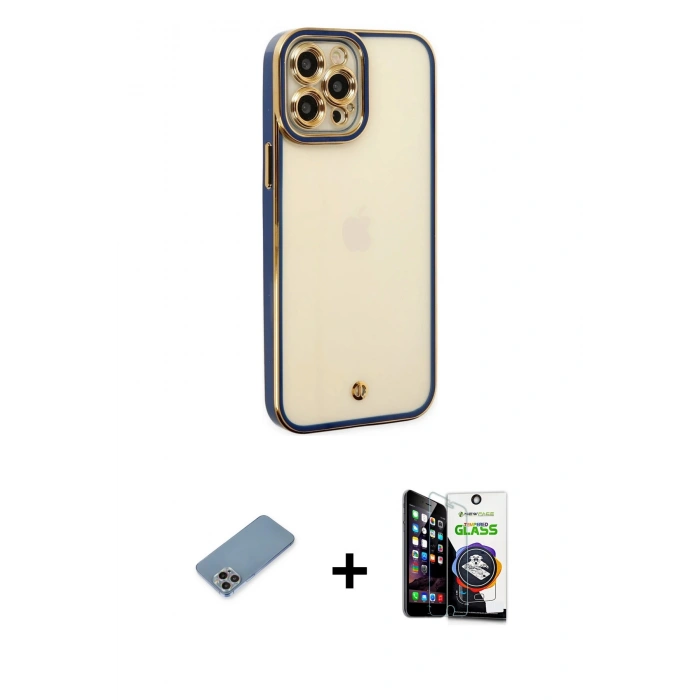 MARSİLYAN™- iPhone 12 Pro Max Kılıf Çekirdek Klasik Serisi - Şeffaf Temperli Cam Ekran Koruyucu + Shine Kamera Lens Koruma Cam - GI