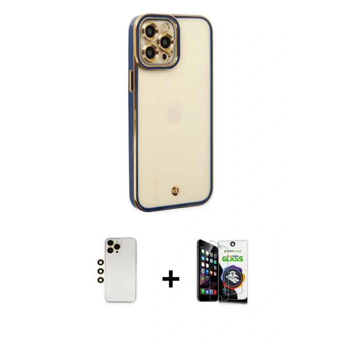 MARSİLYAN™- iPhone 12 Pro Max Kılıf Çekirdek Klasik Serisi - Şeffaf Temperli Cam Ekran Koruyucu + Shine Kamera Lens - GD