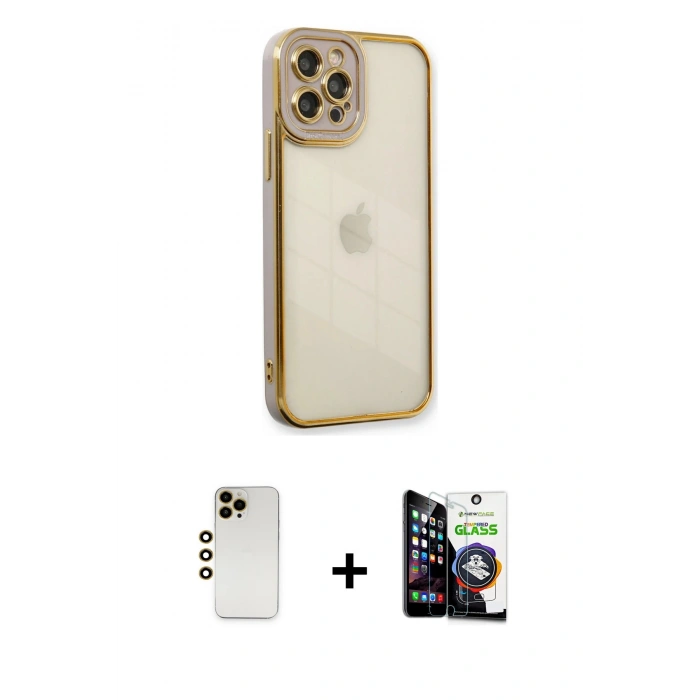 MARSİLYAN™- iPhone 12 Pro Max Kılıf Çekirdek Klasik Serisi - Şeffaf Temperli Cam Ekran Koruyucu + Shine Kamera Lens - GD
