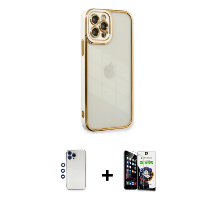 MARSİLYAN™- iPhone 12 Pro Max Kılıf Çekirdek Klasik Serisi - Şeffaf Temperli Cam Ekran Koruyucu + Shine Kamera Lens - LT
