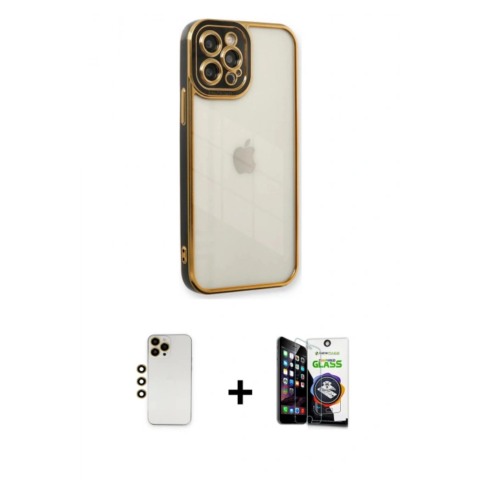 MARSİLYAN™- iPhone 12 Pro Max Kılıf Çekirdek Klasik Serisi - Şeffaf Temperli Cam Ekran Koruyucu + Shine Kamera Lens - GD