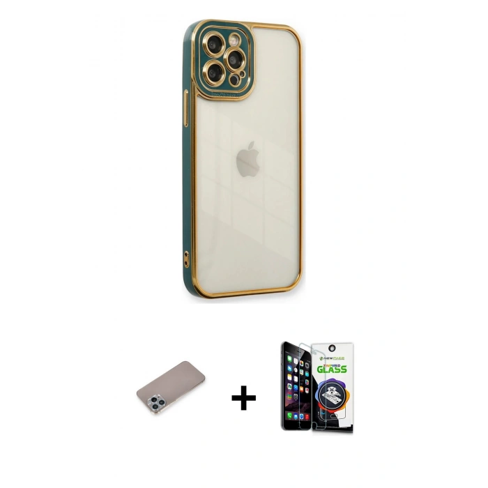 MARSİLYAN™- iPhone 12 Pro Max Kılıf Çekirdek Klasik Serisi - Şeffaf Temperli Cam Ekran Koruyucu + Shine Kamera Lens Koruma Cam - SABE