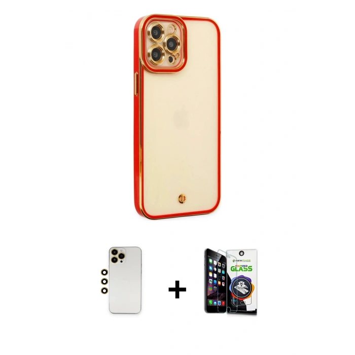 MARSİLYAN™- iPhone 12 Pro Max Kılıf Çekirdek Klasik Serisi - Şeffaf Temperli Cam Ekran Koruyucu + Shine Kamera Lens - GD