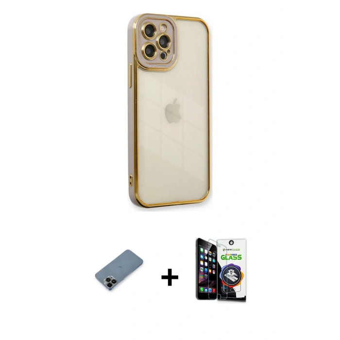 MARSİLYAN™- iPhone 12 Pro Max Kılıf Çekirdek Klasik Serisi - Şeffaf Temperli Cam Ekran Koruyucu + Shine Kamera Lens Koruma Cam - SH