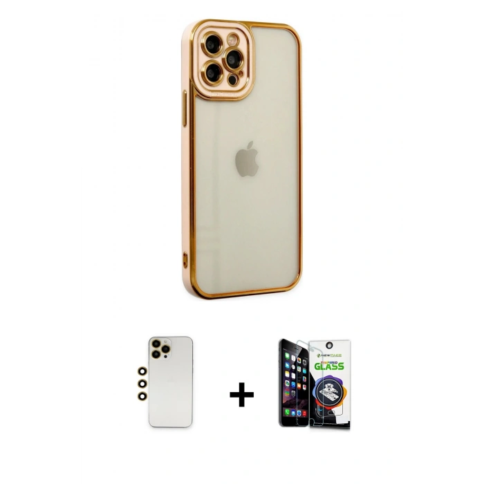 MARSİLYAN™- iPhone 12 Pro Max Kılıf Çekirdek Klasik Serisi - Şeffaf Temperli Cam Ekran Koruyucu + Shine Kamera Lens - GD