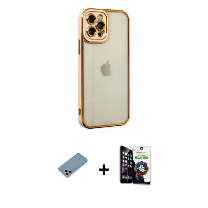 MARSİLYAN™- iPhone 12 Pro Max Kılıf Çekirdek Klasik Serisi - Şeffaf Temperli Cam Ekran Koruyucu + Shine Kamera Lens Koruma Cam - GI