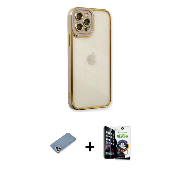 MARSİLYAN™- iPhone 12 Pro Max Kılıf Çekirdek Klasik Serisi - Şeffaf Temperli Cam Ekran Koruyucu + Shine Kamera Lens Koruma Cam - GS