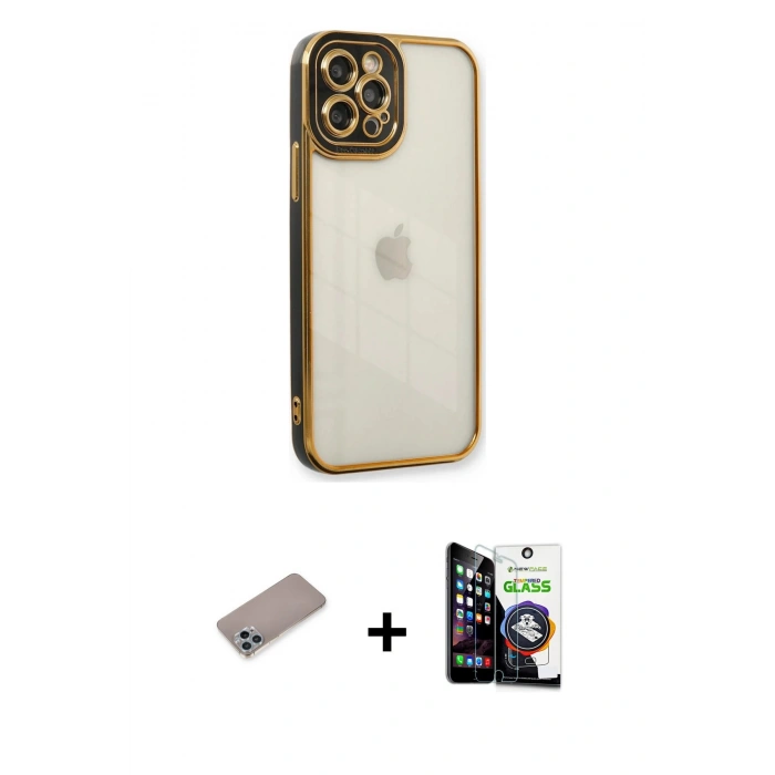 MARSİLYAN™- iPhone 12 Pro Max Kılıf Çekirdek Klasik Serisi - Şeffaf Temperli Cam Ekran Koruyucu + Shine Kamera Lens Koruma Cam - SABE