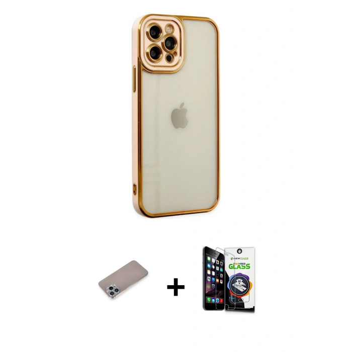 MARSİLYAN™- iPhone 12 Pro Max Kılıf Çekirdek Klasik Serisi - Şeffaf Temperli Cam Ekran Koruyucu + Shine Kamera Lens Koruma Cam - SABE