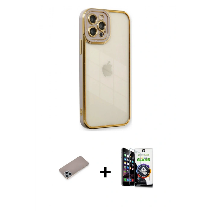 MARSİLYAN™- iPhone 12 Pro Max Kılıf Çekirdek Klasik Serisi - Şeffaf Temperli Cam Ekran Koruyucu + Shine Kamera Lens Koruma Cam - SABE