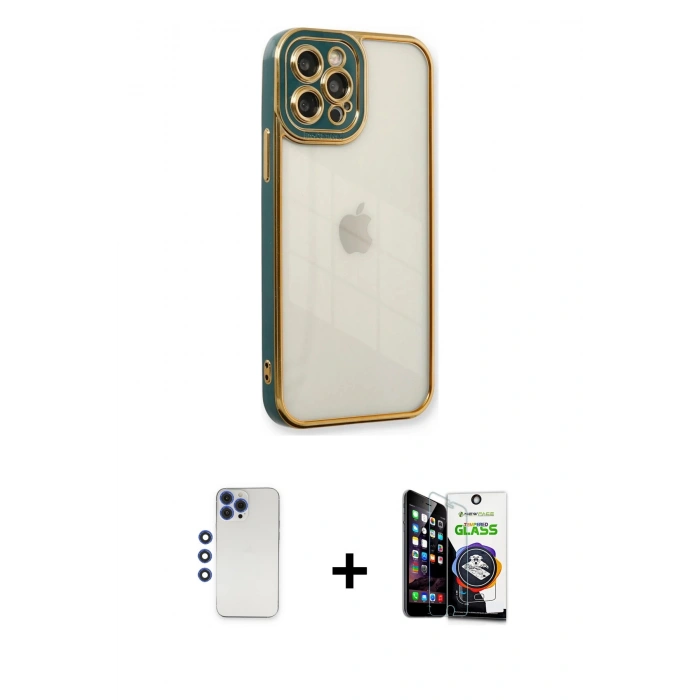 MARSİLYAN™- iPhone 12 Pro Max Kılıf Çekirdek Klasik Serisi - Şeffaf Temperli Cam Ekran Koruyucu + Shine Kamera Lens - LT