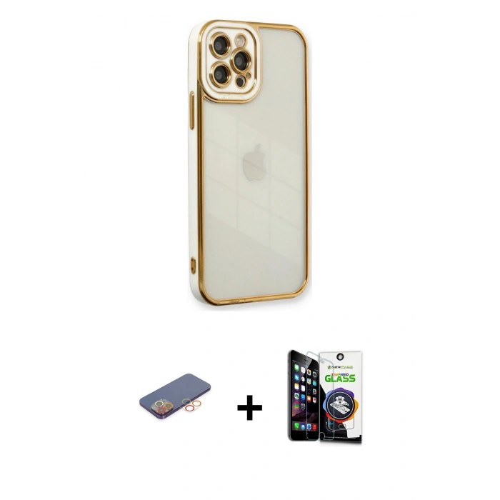 MARSİLYAN™- iPhone 12 Pro Max Kılıf Çekirdek Klasik Serisi - Şeffaf Temperli Cam Ekran Koruyucu + Renkli Kamera Lens Koruma Cam - TU