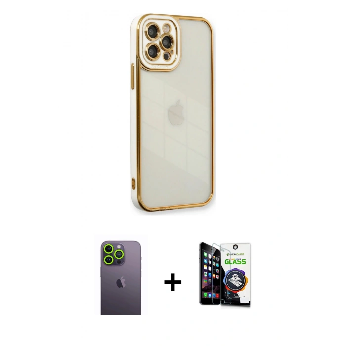 MARSİLYAN™- iPhone 12 Pro Max Kılıf Çekirdek Klasik Serisi - Şeffaf Temperli Cam Ekran Koruyucu + Neon Fosforlu Kamera Lens - YL