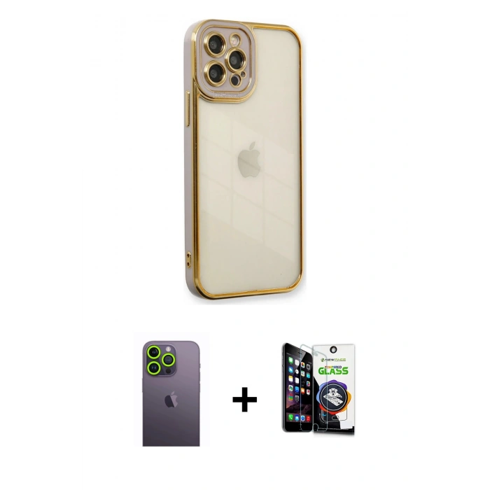 MARSİLYAN™- iPhone 12 Pro Max Kılıf Çekirdek Klasik Serisi - Şeffaf Temperli Cam Ekran Koruyucu + Neon Fosforlu Kamera Lens - YL