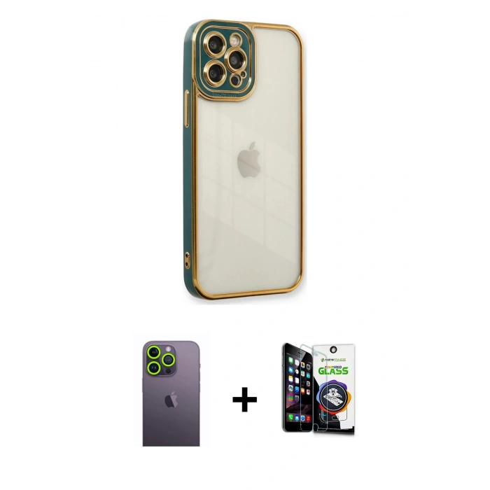 MARSİLYAN™- iPhone 12 Pro Max Kılıf Çekirdek Klasik Serisi - Şeffaf Temperli Cam Ekran Koruyucu + Neon Fosforlu Kamera Lens - YL