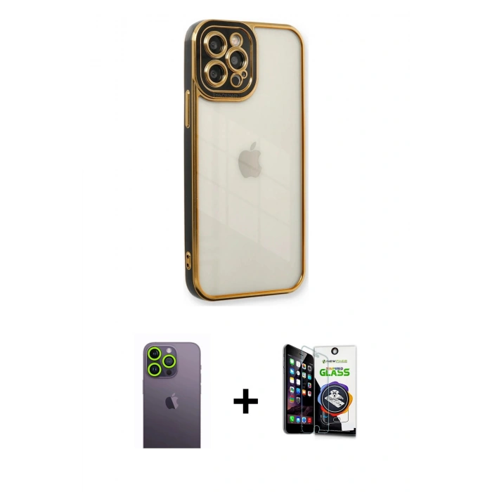 MARSİLYAN™- iPhone 12 Pro Max Kılıf Çekirdek Klasik Serisi - Şeffaf Temperli Cam Ekran Koruyucu + Neon Fosforlu Kamera Lens - YL