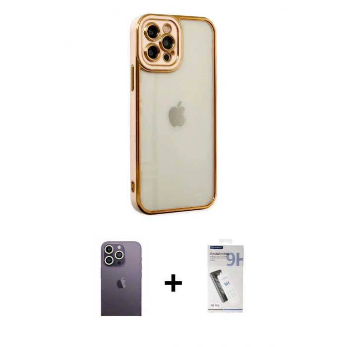 MARSİLYAN™- iPhone 12 Pro Max Kılıf Çekirdek Klasik Serisi - Şeffaf Uv Polymer Nano Ekran Koruyucu + Neon Fosforlu Kamera Lens - BZ
