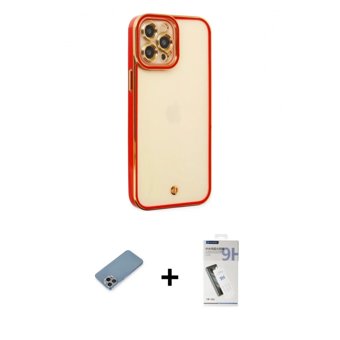 MARSİLYAN™- iPhone 12 Pro Max Kılıf Çekirdek Klasik Serisi - Şeffaf Uv Polymer Nano Ekran Koruyucu + Shine Kamera Lens Koruma Cam - GI