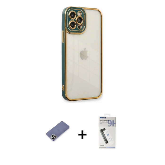 MARSİLYAN™- iPhone 12 Pro Max Kılıf Çekirdek Klasik Serisi - Şeffaf Uv Polymer Nano Ekran Koruyucu + Metal Kamera Lens Koruma Cam - GD