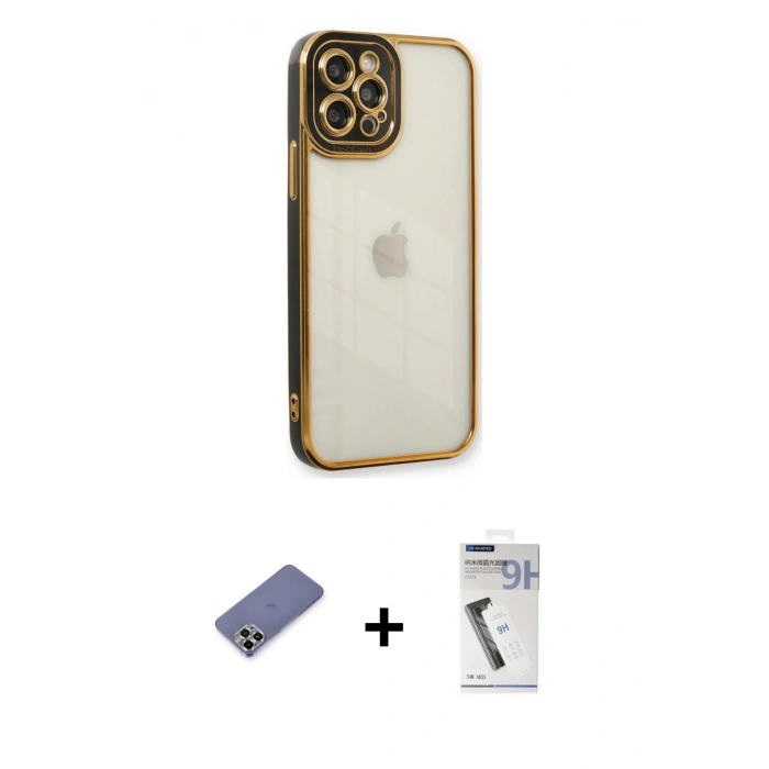 MARSİLYAN™- iPhone 12 Pro Max Kılıf Çekirdek Klasik Serisi - Şeffaf Uv Polymer Nano Ekran Koruyucu + Metal Kamera Lens Koruma Cam - GD