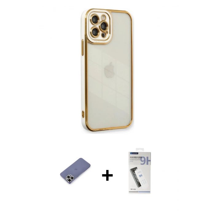MARSİLYAN™- iPhone 12 Pro Max Kılıf Çekirdek Klasik Serisi - Şeffaf Uv Polymer Nano Ekran Koruyucu + Metal Kamera Lens Koruma Cam - GD