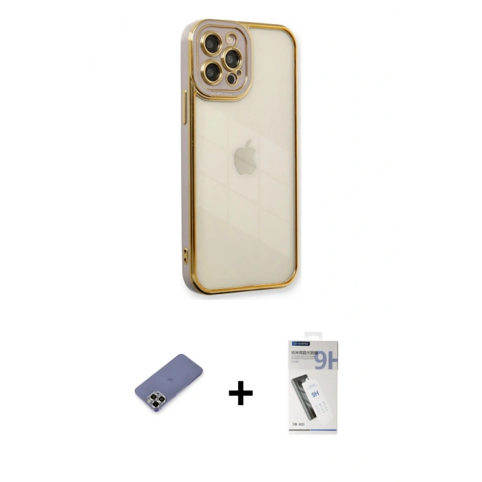 MARSİLYAN™- iPhone 12 Pro Max Kılıf Çekirdek Klasik Serisi - Şeffaf Uv Polymer Nano Ekran Koruyucu + Metal Kamera Lens Koruma Cam - GD