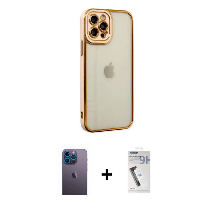 MARSİLYAN™- iPhone 12 Pro Max Kılıf Çekirdek Klasik Serisi - Şeffaf Uv Polymer Nano Ekran Koruyucu + Mavi Neon Fosforlu Kamera Lens