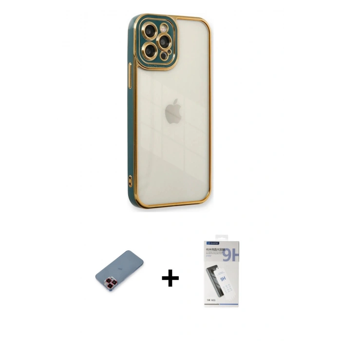 MARSİLYAN™- iPhone 12 Pro Max Kılıf Çekirdek Klasik Serisi - Şeffaf Uv Polymer Nano Ekran Koruyucu + Metal Kamera Lens Koruma Cam - KI