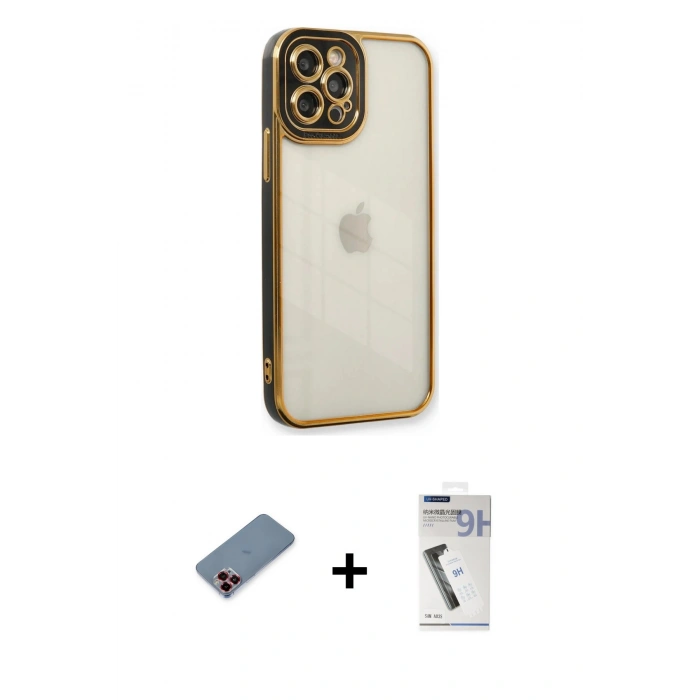MARSİLYAN™- iPhone 12 Pro Max Kılıf Çekirdek Klasik Serisi - Şeffaf Uv Polymer Nano Ekran Koruyucu + Metal Kamera Lens Koruma Cam - KI