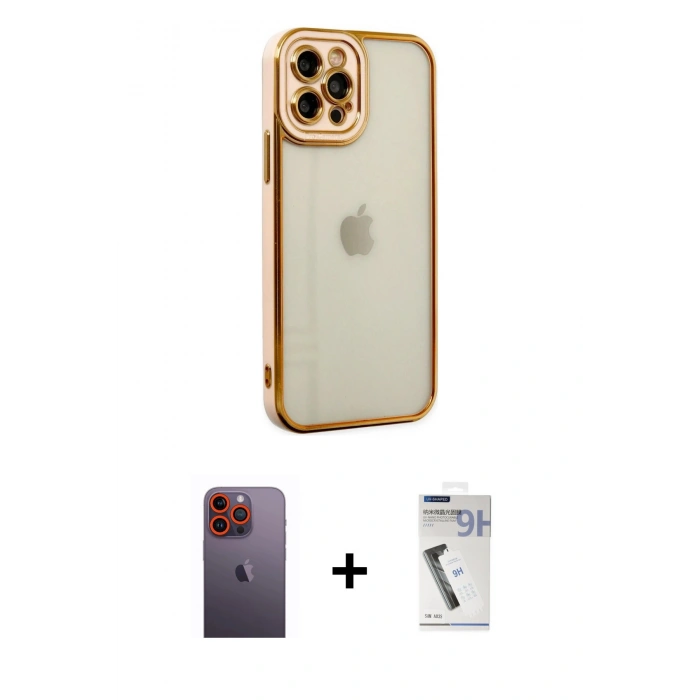 MARSİLYAN™- iPhone 12 Pro Max Kılıf Çekirdek Klasik Serisi - Şeffaf Uv Polymer Nano Ekran Koruyucu + Neon Fosforlu Kamera Lens - TU