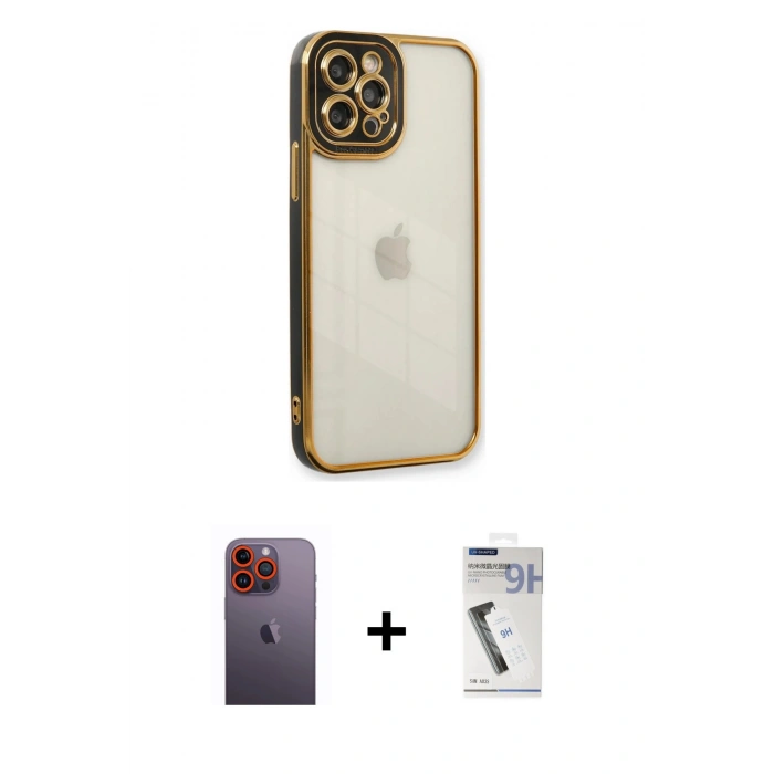 MARSİLYAN™- iPhone 12 Pro Max Kılıf Çekirdek Klasik Serisi - Şeffaf Uv Polymer Nano Ekran Koruyucu + Neon Fosforlu Kamera Lens - TU