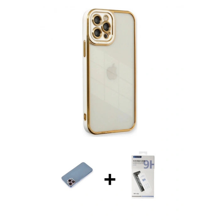 MARSİLYAN™- iPhone 12 Pro Max Kılıf Çekirdek Klasik Serisi - Şeffaf Uv Polymer Nano Ekran Koruyucu + Pembe Shine Kamera Lens Koruma Cam