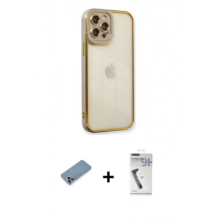 MARSİLYAN™- iPhone 12 Pro Max Kılıf Çekirdek Klasik Serisi - Şeffaf Uv Polymer Nano Ekran Koruyucu + Pembe Shine Kamera Lens Koruma Cam