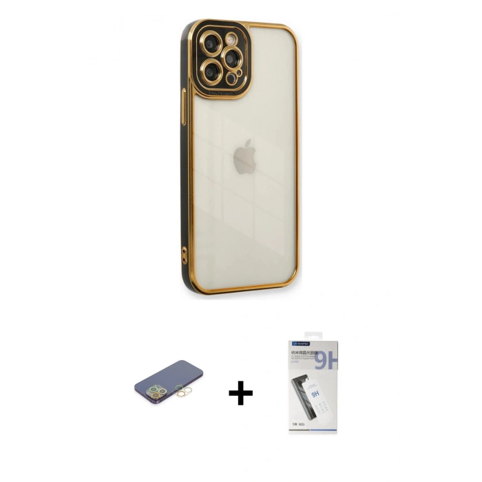 MARSİLYAN™- iPhone 12 Pro Max Kılıf Çekirdek Klasik Serisi - Şeffaf Uv Polymer Nano Ekran Koruyucu + Renkli Kamera Lens Koruma Cam - SI