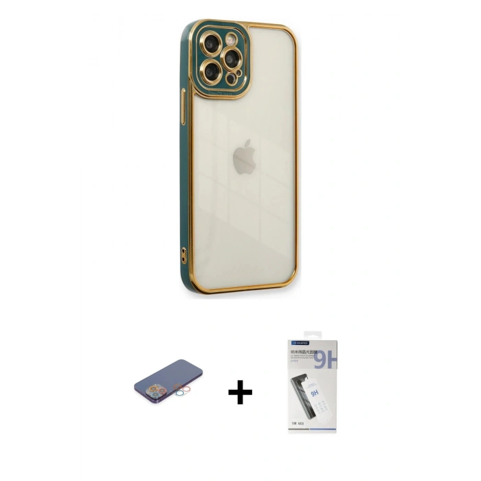 MARSİLYAN™- iPhone 12 Pro Max Kılıf Çekirdek Klasik Serisi - Şeffaf Uv Polymer Nano Ekran Koruyucu + Renkli Kamera Lens Koruma Cam - PE