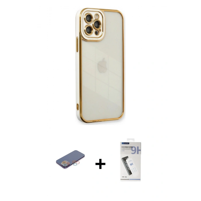 MARSİLYAN™- iPhone 12 Pro Max Kılıf Çekirdek Klasik Serisi - Şeffaf Uv Polymer Nano Ekran Koruyucu + Renkli Kamera Lens Koruma Cam - PE