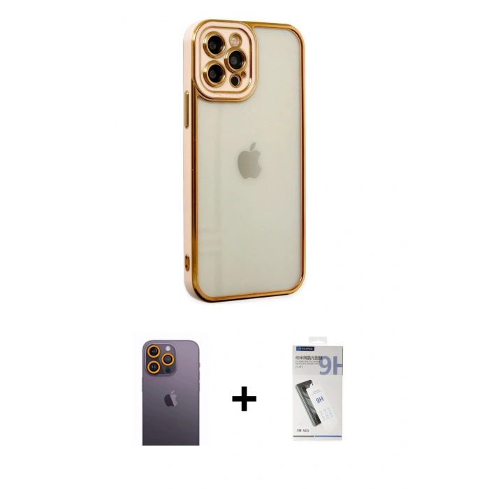 MARSİLYAN™- iPhone 12 Pro Max Kılıf Çekirdek Klasik Serisi - Şeffaf Uv Polymer Nano Ekran Koruyucu + Neon Fosforlu Kamera Lens - SI