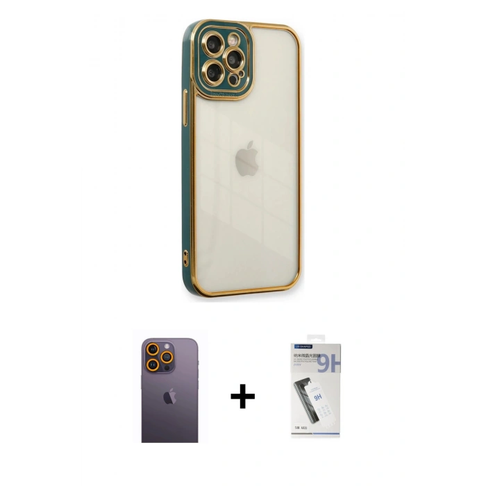 MARSİLYAN™- iPhone 12 Pro Max Kılıf Çekirdek Klasik Serisi - Şeffaf Uv Polymer Nano Ekran Koruyucu + Neon Fosforlu Kamera Lens - SI