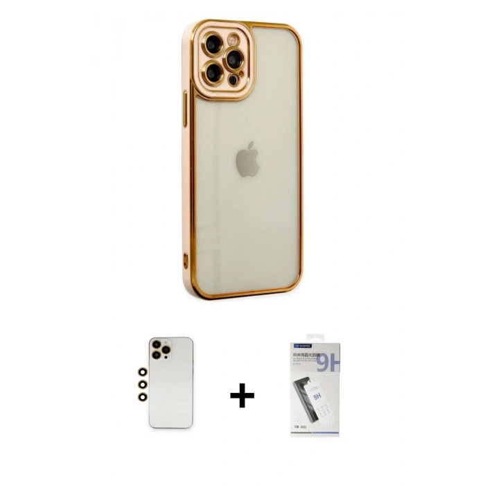 MARSİLYAN™- iPhone 12 Pro Max Kılıf Çekirdek Klasik Serisi - Şeffaf Uv Polymer Nano Ekran Koruyucu + Shine Kamera Lens - GD