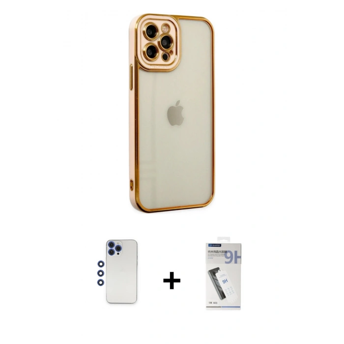 MARSİLYAN™- iPhone 12 Pro Max Kılıf Çekirdek Klasik Serisi - Şeffaf Uv Polymer Nano Ekran Koruyucu + Shine Kamera Lens - LT