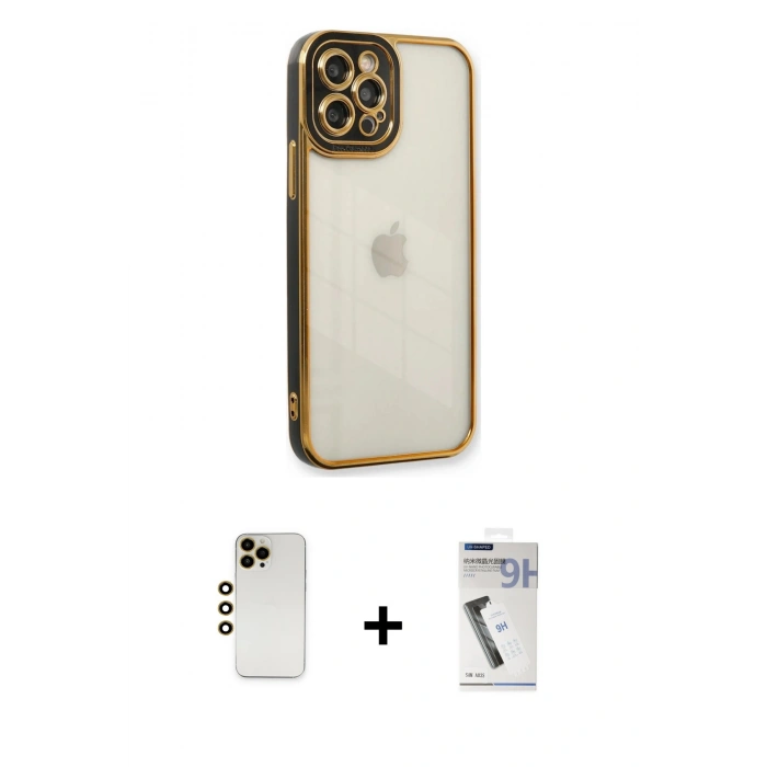 MARSİLYAN™- iPhone 12 Pro Max Kılıf Çekirdek Klasik Serisi - Şeffaf Uv Polymer Nano Ekran Koruyucu + Shine Kamera Lens - GD