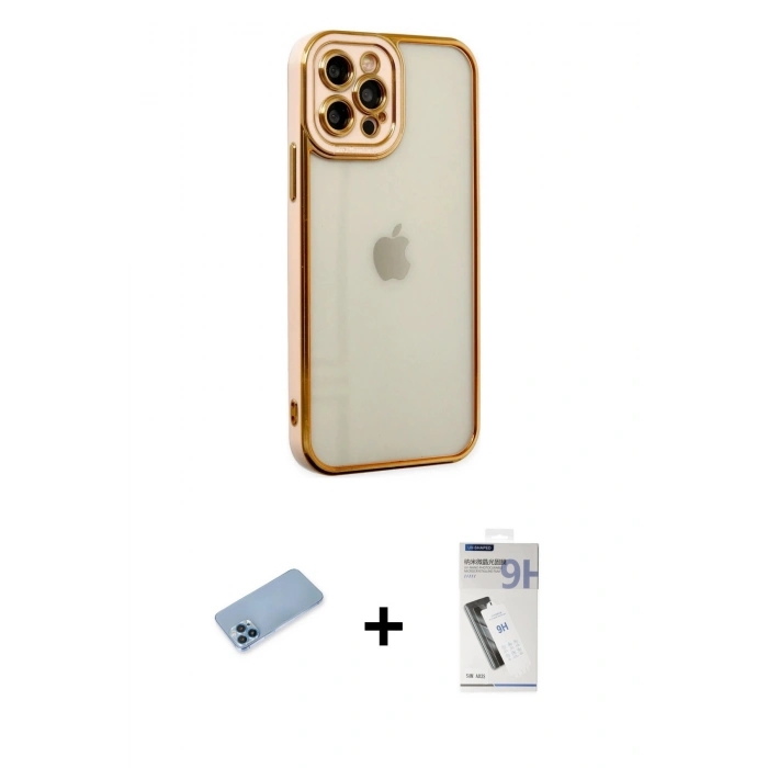 MARSİLYAN™- iPhone 12 Pro Max Kılıf Çekirdek Klasik Serisi - Şeffaf Uv Polymer Nano Ekran Koruyucu + Shine Kamera Lens Koruma Cam - MI