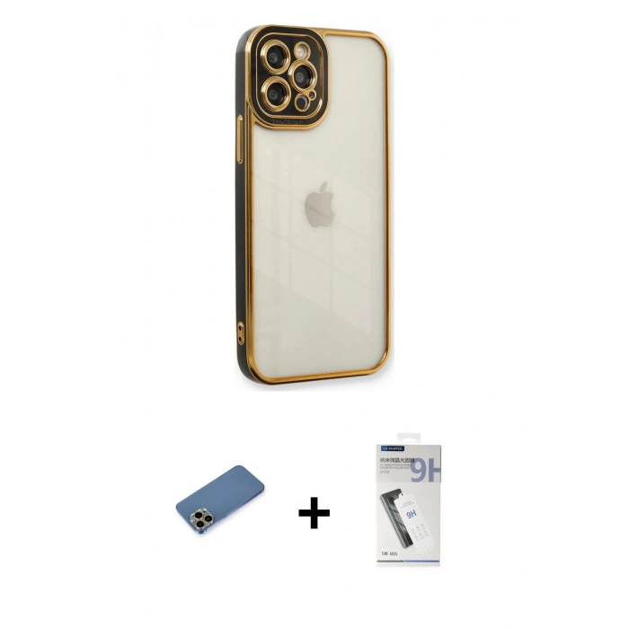 MARSİLYAN™- iPhone 12 Pro Max Kılıf Çekirdek Klasik Serisi - Şeffaf Uv Polymer Nano Ekran Koruyucu + Shine Kamera Lens Koruma Cam - GD