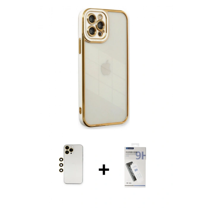 MARSİLYAN™- iPhone 12 Pro Max Kılıf Çekirdek Klasik Serisi - Şeffaf Uv Polymer Nano Ekran Koruyucu + Shine Kamera Lens - GD
