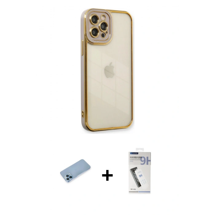 MARSİLYAN™- iPhone 12 Pro Max Kılıf Çekirdek Klasik Serisi - Şeffaf Uv Polymer Nano Ekran Koruyucu + Shine Kamera Lens Koruma Cam - MI