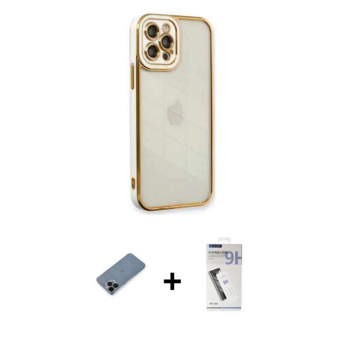 MARSİLYAN™- iPhone 12 Pro Max Kılıf Çekirdek Klasik Serisi - Şeffaf Uv Polymer Nano Ekran Koruyucu + Shine Kamera Lens Koruma Cam - SH
