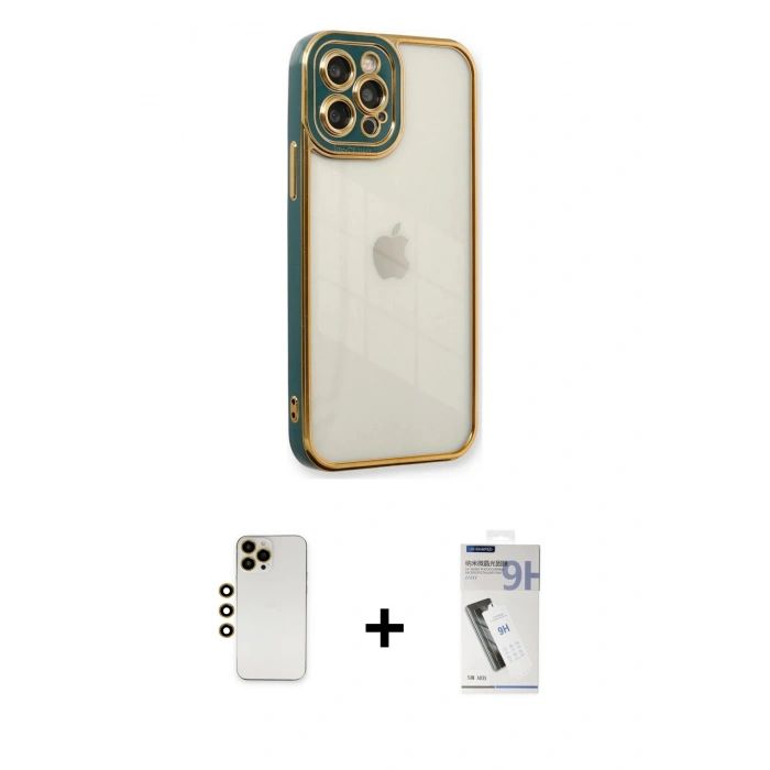 MARSİLYAN™- iPhone 12 Pro Max Kılıf Çekirdek Klasik Serisi - Şeffaf Uv Polymer Nano Ekran Koruyucu + Shine Kamera Lens - GD