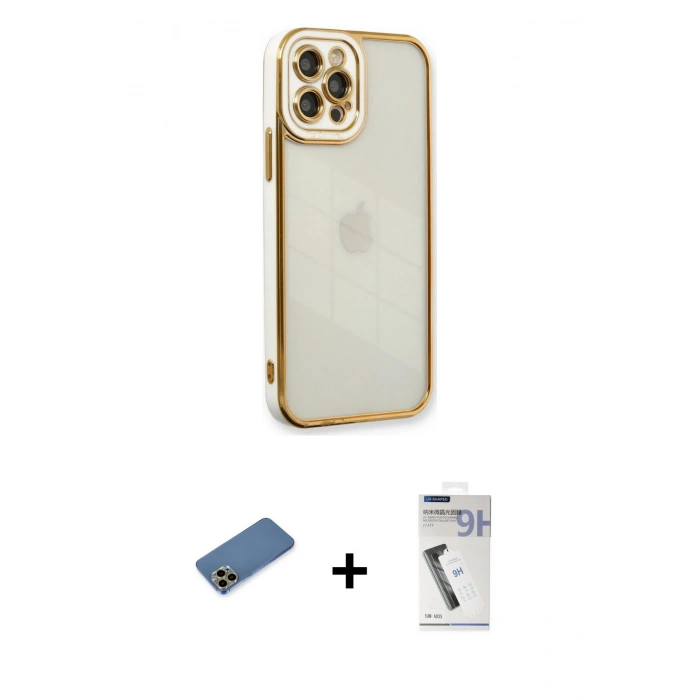 MARSİLYAN™- iPhone 12 Pro Max Kılıf Çekirdek Klasik Serisi - Şeffaf Uv Polymer Nano Ekran Koruyucu + Shine Kamera Lens Koruma Cam - GD