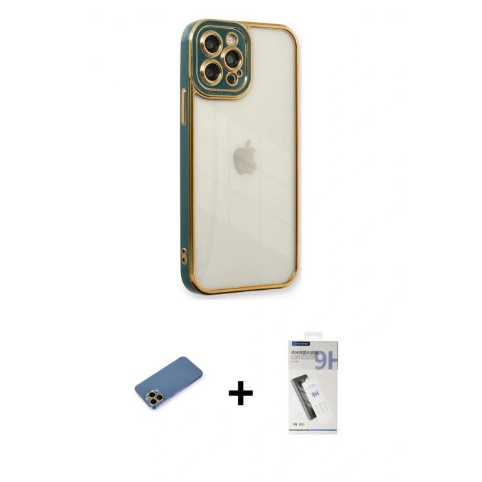 MARSİLYAN™- iPhone 12 Pro Max Kılıf Çekirdek Klasik Serisi - Şeffaf Uv Polymer Nano Ekran Koruyucu + Shine Kamera Lens Koruma Cam - GD
