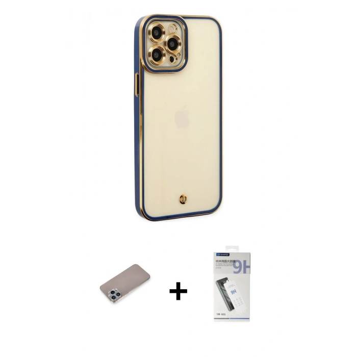 MARSİLYAN™- iPhone 12 Pro Max Kılıf Çekirdek Klasik Serisi - Şeffaf Uv Polymer Nano Ekran Koruyucu + Shine Kamera Lens Koruma Cam - SABE